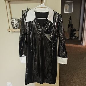 Black Vinyl/latex Wednesday Addams Dress with White Collar and Cuffs Nwot